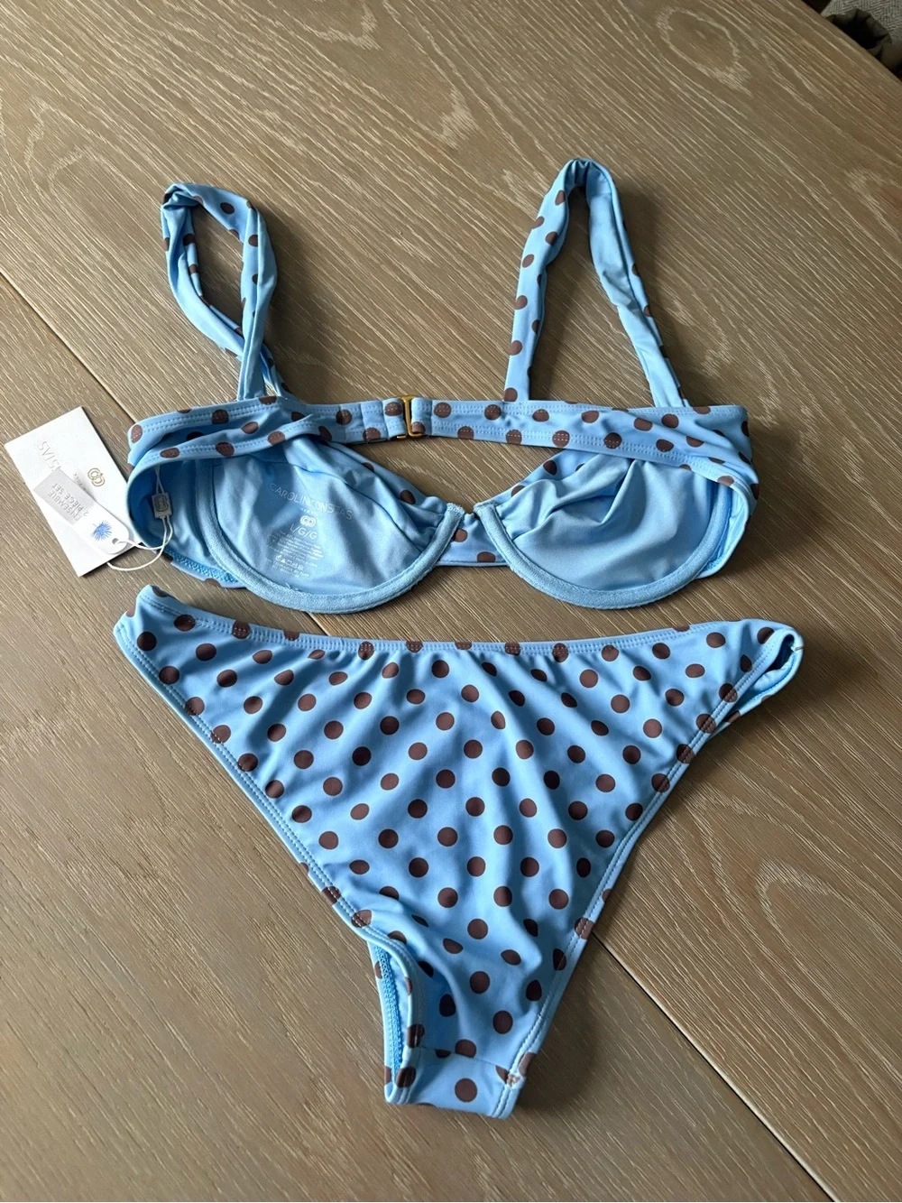 Caroline Constas Light Blue Bikini Set with Brown Polka Dots